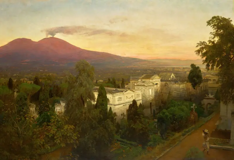 Campo Santo in Poggioreale, der Vesuv im Hintergrund von Oswald Achenbach