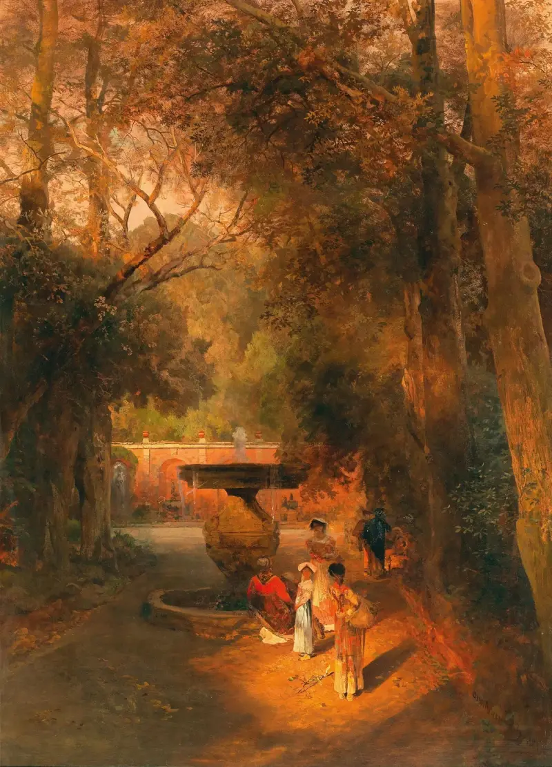Im Park beim Brunnen der Villa Torlonia in Frascati bei Rom von Oswald Achenbach