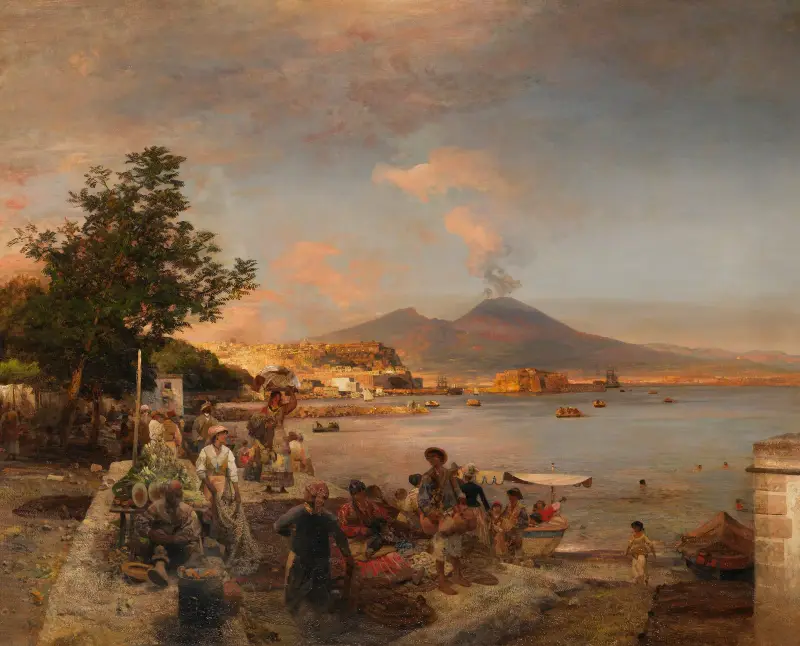 Marktszene bei Neapel mit Blick auf den Vesuv von Oswald Achenbach