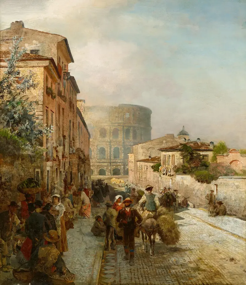 Straße in Rom mit Blick auf das Kolosseum von Oswald Achenbach