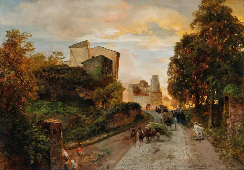 Byns gata i solnedgång av Oswald Achenbach