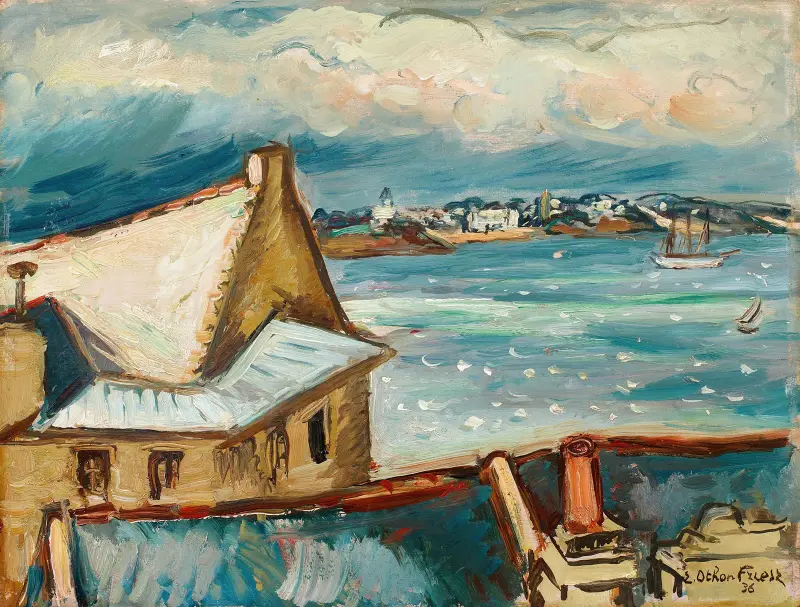 Flodstrand med hus och segelfartyg av Emile Othon Friesz