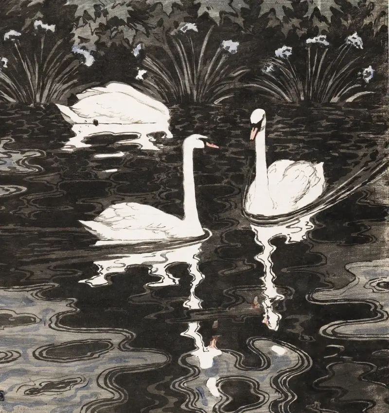 Drei Schwäne auf dunklem Gewässer, 1895 – nr 1 av Otto Eckmann