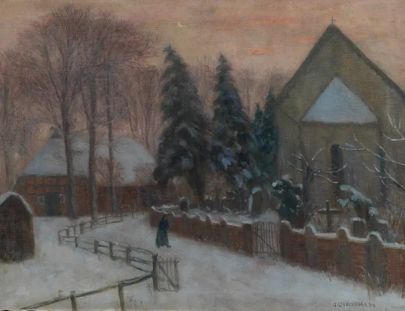 Vinterkväll, Fischerhude kyrka med hembygdsgård av Otto Modersohn