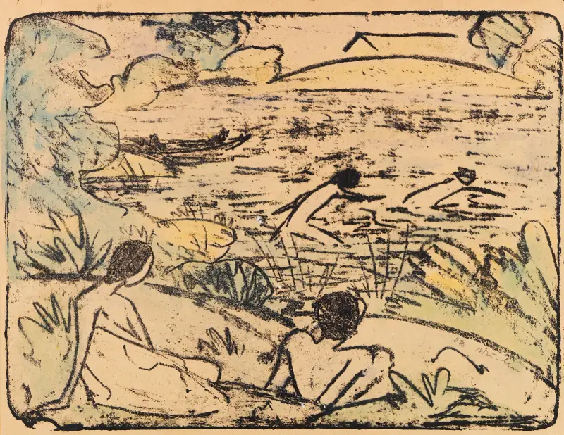Badeszene mit vier Figuren, Haus und Boot av Otto Mueller
