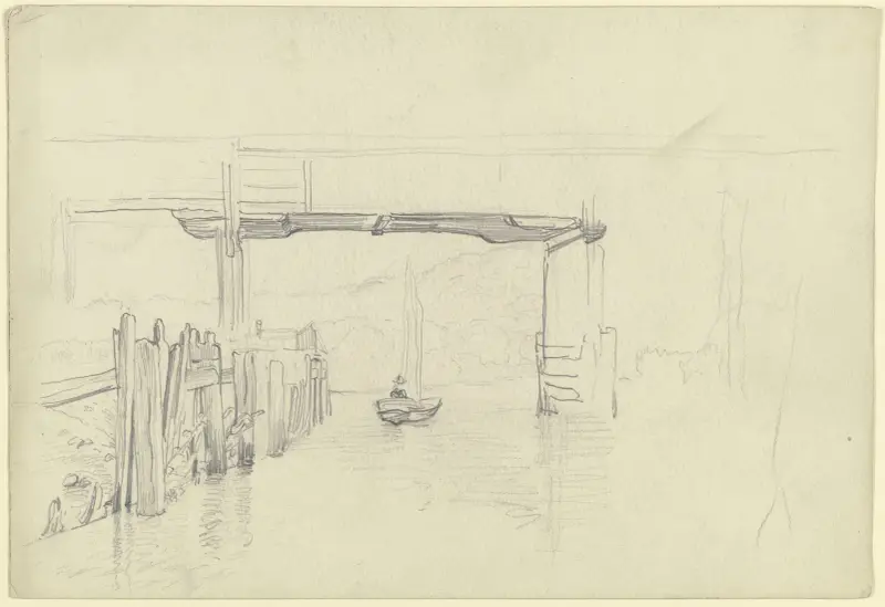 Fluss mit Brücke und Segelboot av Otto Scholderer