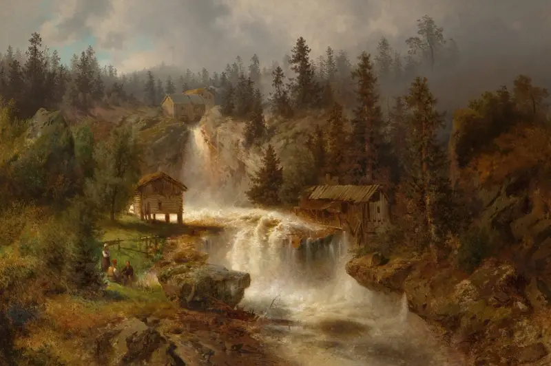 Figurer framför en kvarn i ett bergigt flodlandskap (Vid kvarnfallet) av Hermann Ottomar Herzog