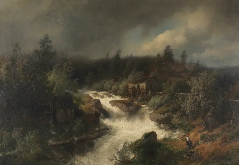 Vattenkvarn vid dånande bergsbäck av Hermann Ottomar Herzog