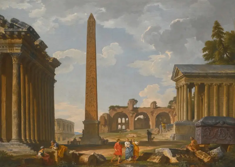 Capriccio von Rom mit antiken Ruinen und dem Flaminischen Obelisken, 1736 von Giovanni Paolo Panini