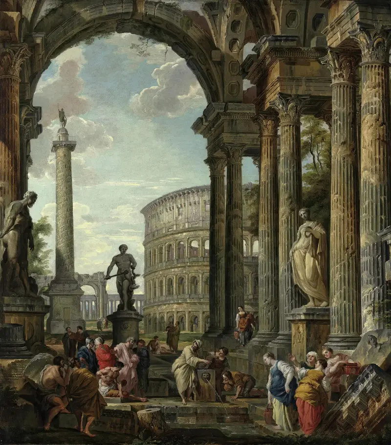 Ein architektonisches Capriccio mit dem Philosophen Diogenes und anderen Figuren von Giovanni Paolo Panini