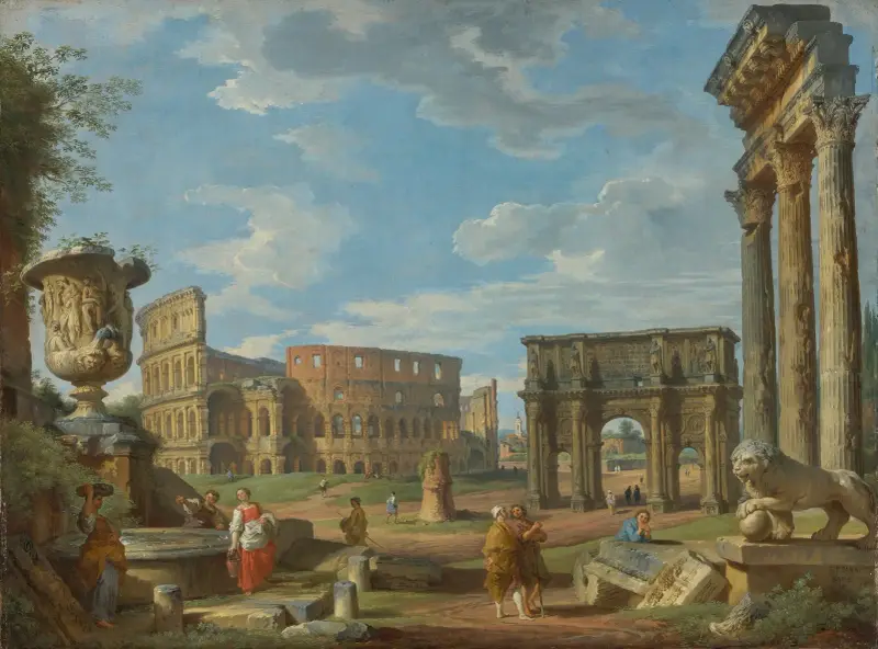Capriccio römischer Monumente mit dem Kolosseum und dem Konstantinsbogen von Giovanni Paolo Panini