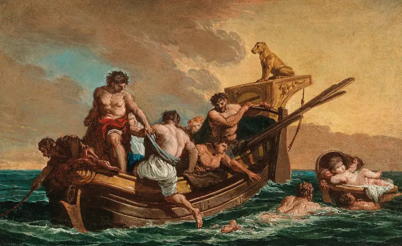 Sjöfolk räddar en ung pojke som driver på havet i en korg av Giovanni Paolo Panini