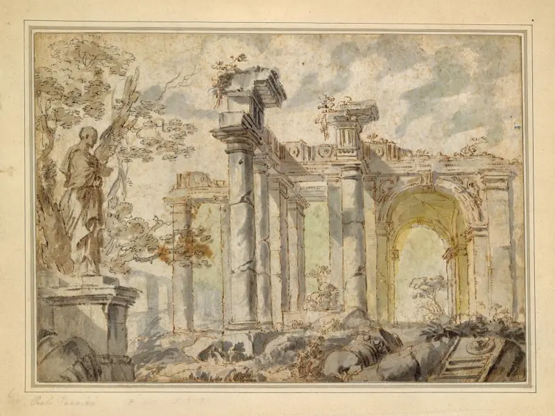 Ruiner med en staty till vänster av Giovanni Paolo Panini