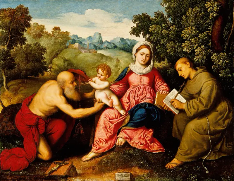 Madonnan med barnet och helgonen Hieronymus och Franciskus av Paris Bordone