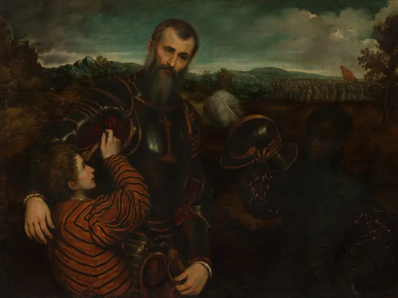 Portrait of a Man in Armor with Two Pages av Paris Bordone