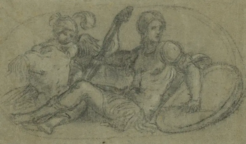 Sittande mansfigur med putto och rustning av Paris Bordone