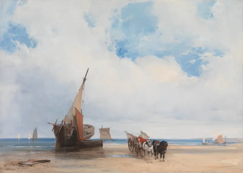 Strandade fartyg och en vagn, nära Trouville, Frankrike av Richard Parkes Bonington