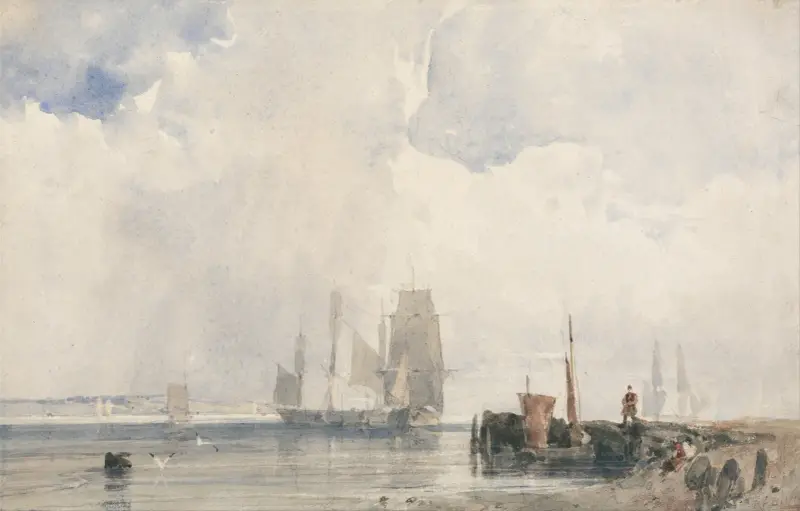 Skeppsfart i en flodmynning, troligen nära Quilleboeuf av Richard Parkes Bonington