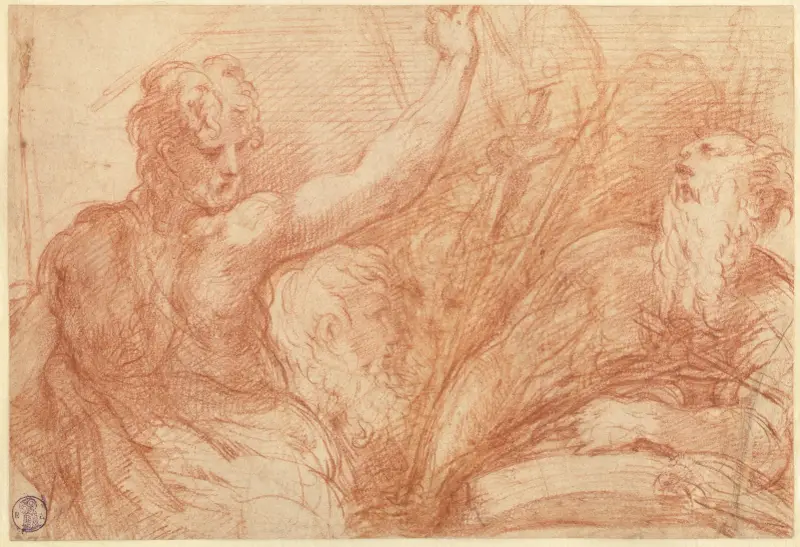 Studier av helgonen Johannes Döparen och Hieronymus, ett krucifix och olika huvuden av Parmigianino