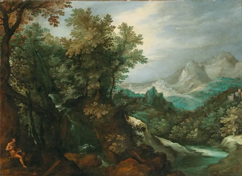 Gebirgige Flusslandschaft mit einem Eremiten von Paul Bril