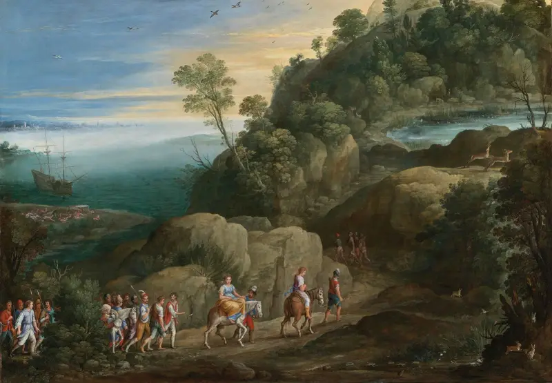 Ett vidsträckt landskap med scener ur Historiae Aethiopica av Paul Bril