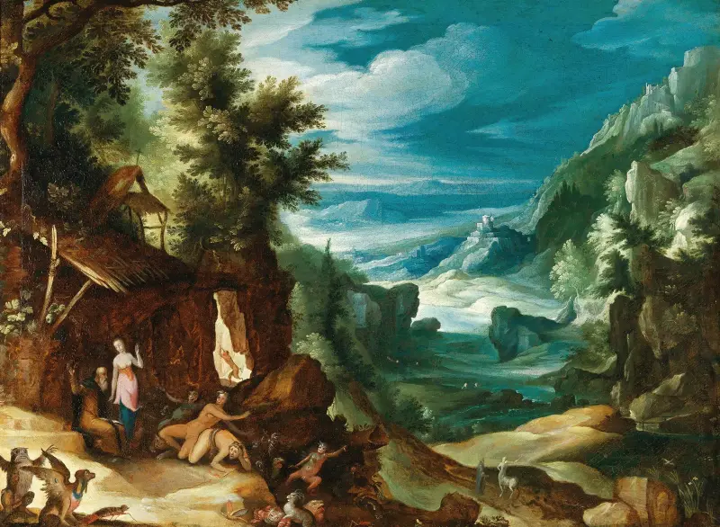 Landskap med frestelsen av Sankt Antonius av Paul Bril