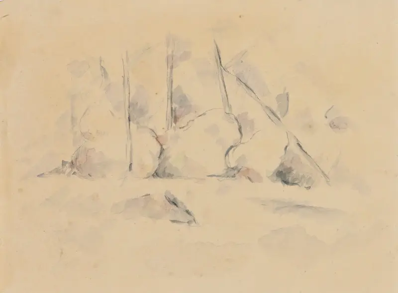 Bäume zwischen Felsen von Paul Cézanne