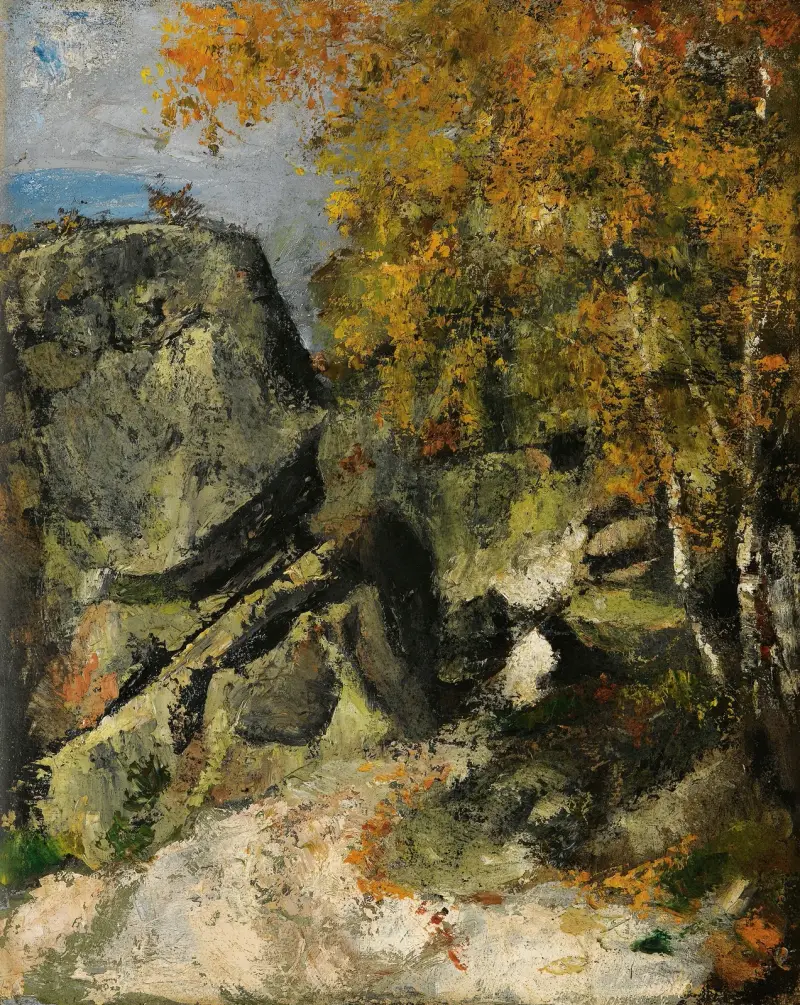 Klippor i skogen, Fontainebleau av Paul Cézanne