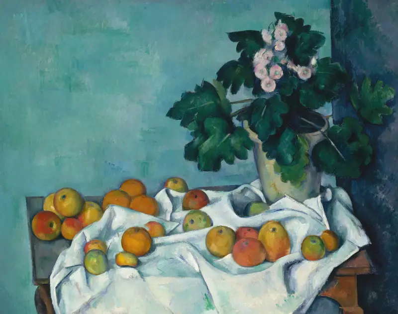 Stilleben med äpplen och en kruka med primulor av Paul Cézanne
