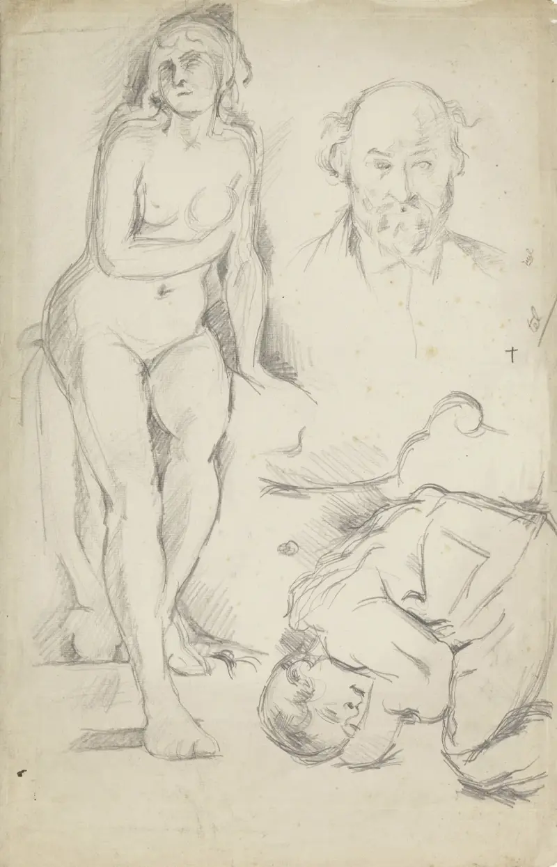 Studier av tre figurer, däribland ett självporträtt av Paul Cézanne