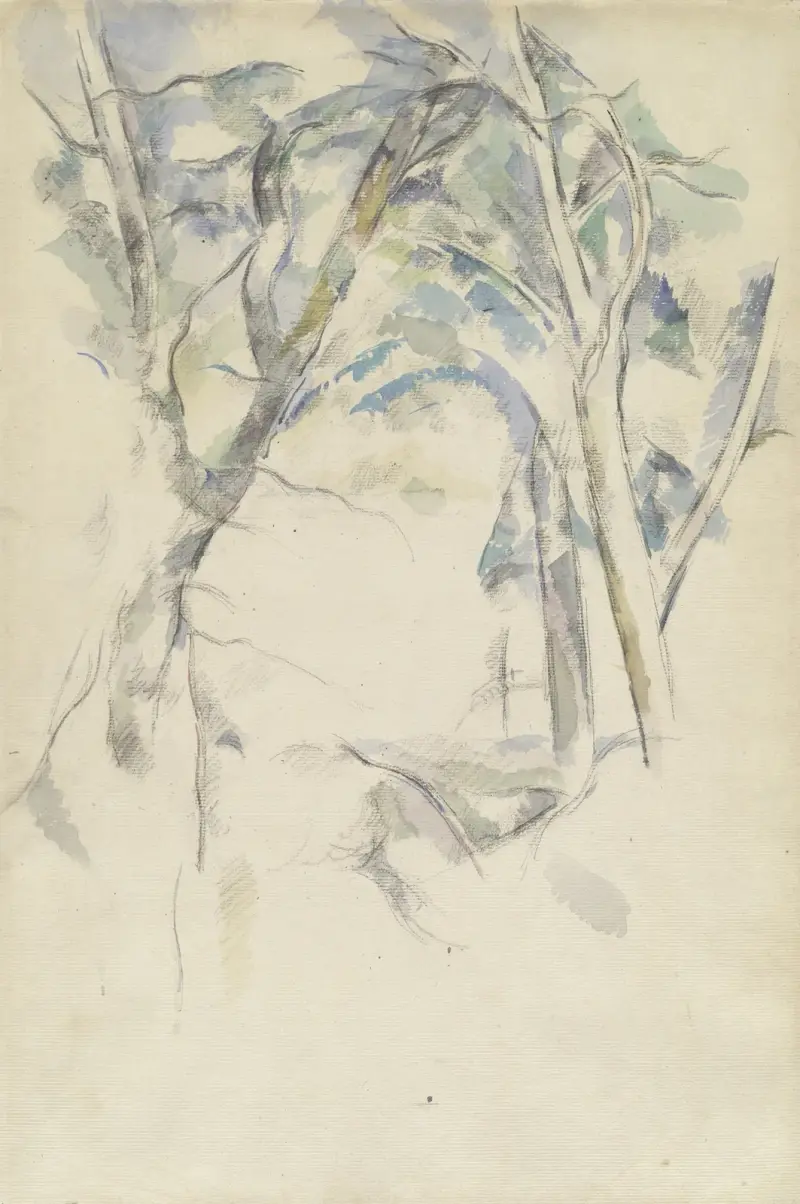 Drzewa pochylone nad skałami, Paul Cézanne