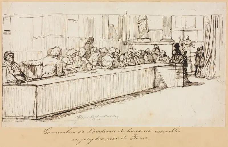 Ledamöterna i Académie des Beaux-Arts samlade för att bedöma Rompriset av Paul Delaroche