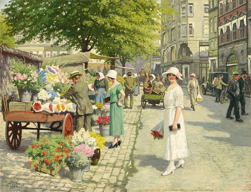 Damer som köper blommor på Amagertorv av Paul Fischer