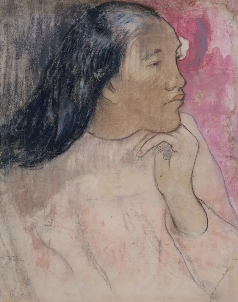 Tahitisk kvinna med blomma i håret av Paul Gauguin
