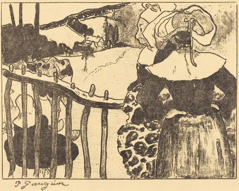 Bretonska kvinnor vid ett staket av Paul Gauguin