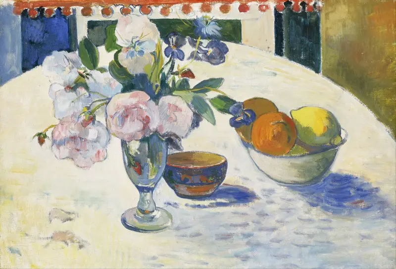 Blommor och en fruktskål på ett bord av Paul Gauguin