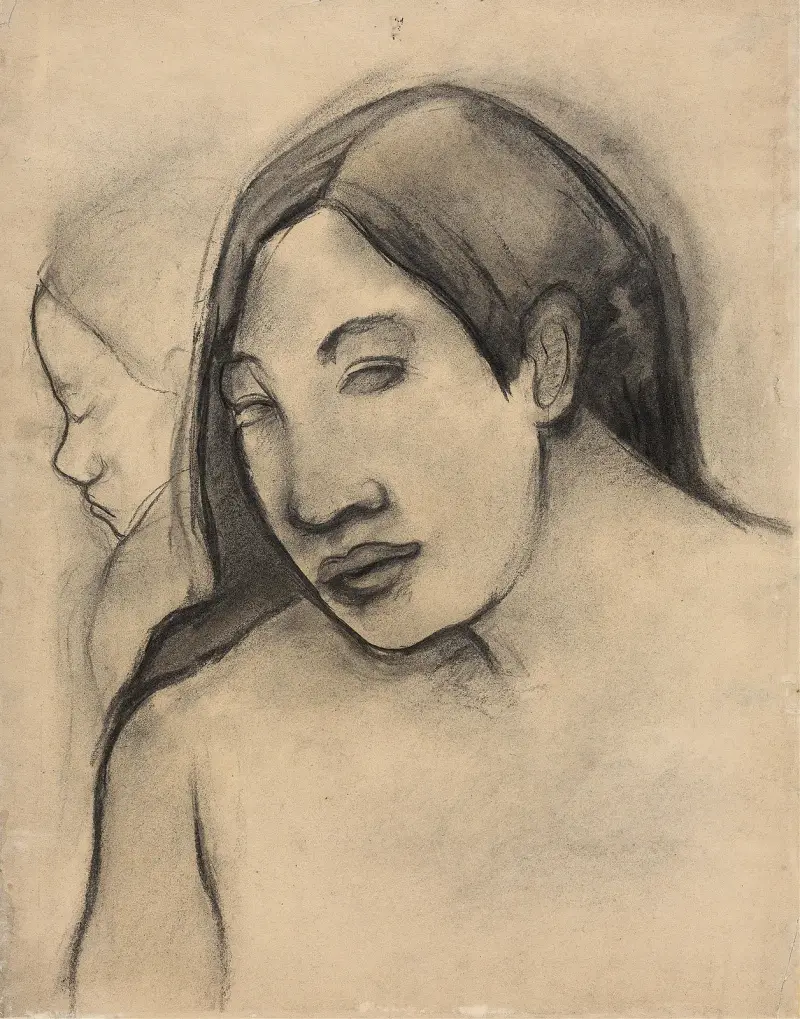 Tahitiska kvinnohuvuden, frontalt och i profil av Paul Gauguin