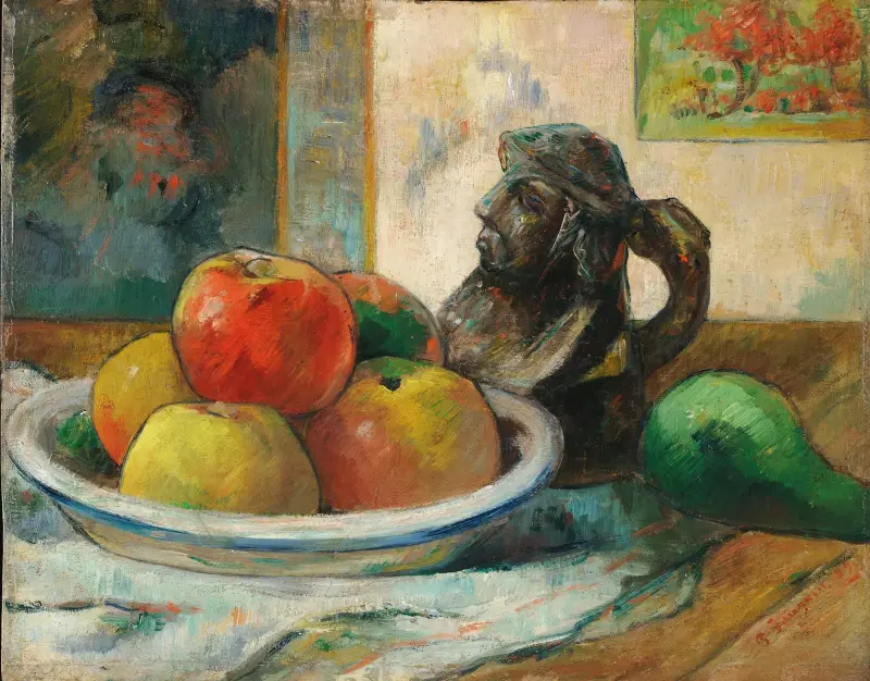 Stilleben med äpplen, ett päron och en keramisk porträttkanna av Paul Gauguin