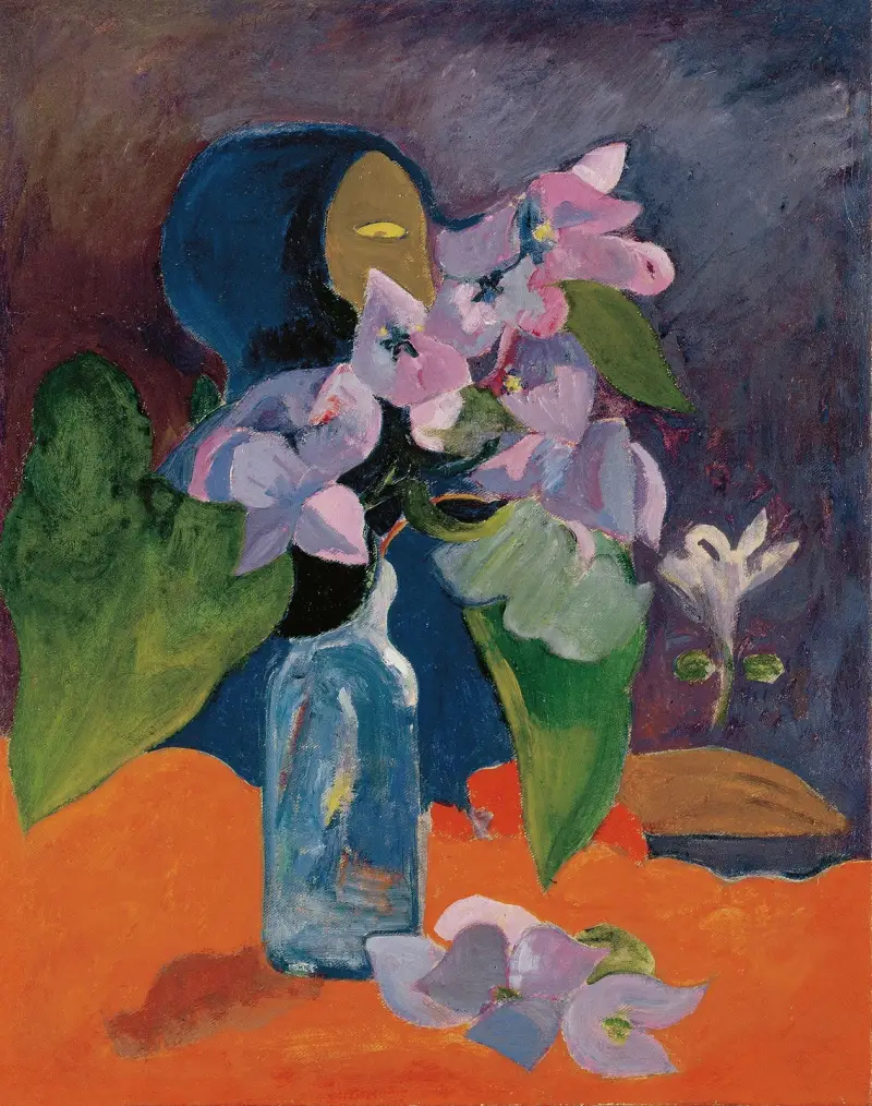 Stilleben med blommor och idol av Paul Gauguin