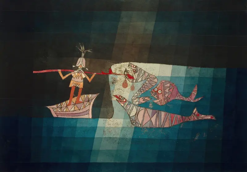Slagsmålsscen ur den komisk-fantastiska operan 'Sjöfararen' av Paul Klee