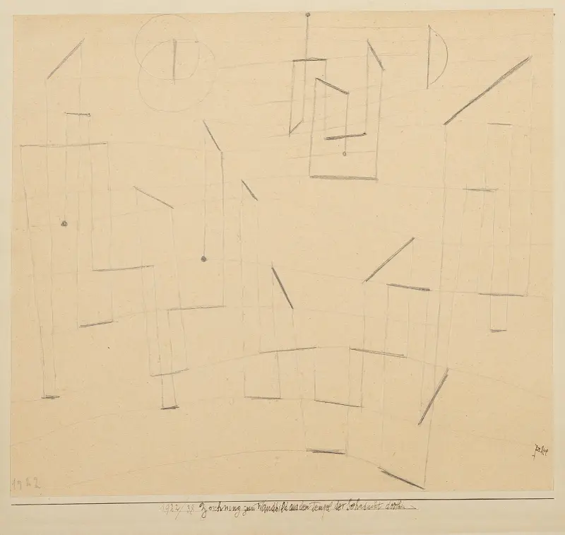 Teckning till väggmålning från Templet för längtan dit av Paul Klee