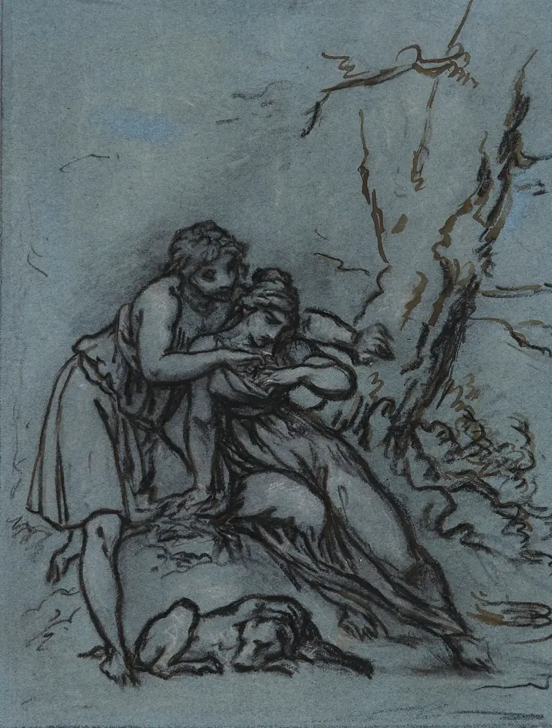 Daphnis, som begagnade detta tillfälle, lade handen i hennes barm och framdrog den nättiga cikadan av Pierre-Paul Prud'hon