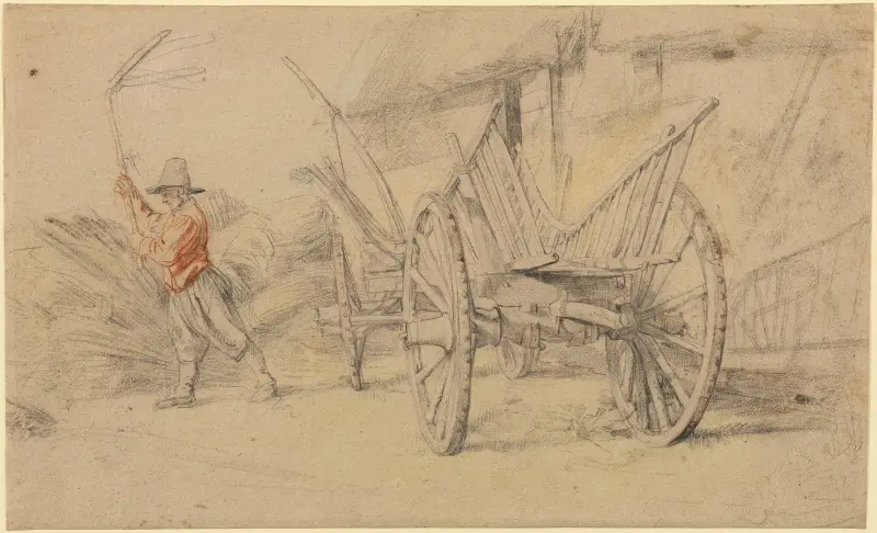 Man som tröskar vid en vagn, lantbruksbyggnader bakom av Peter Paul Rubens
