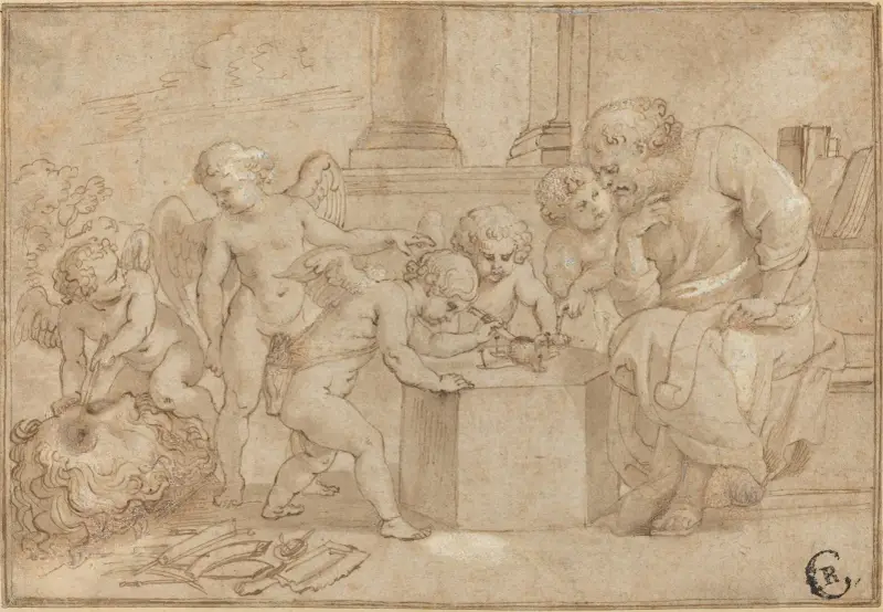 Alter Mann, Putti bei der Dissektion eines Auges zusehend von Peter Paul Rubens