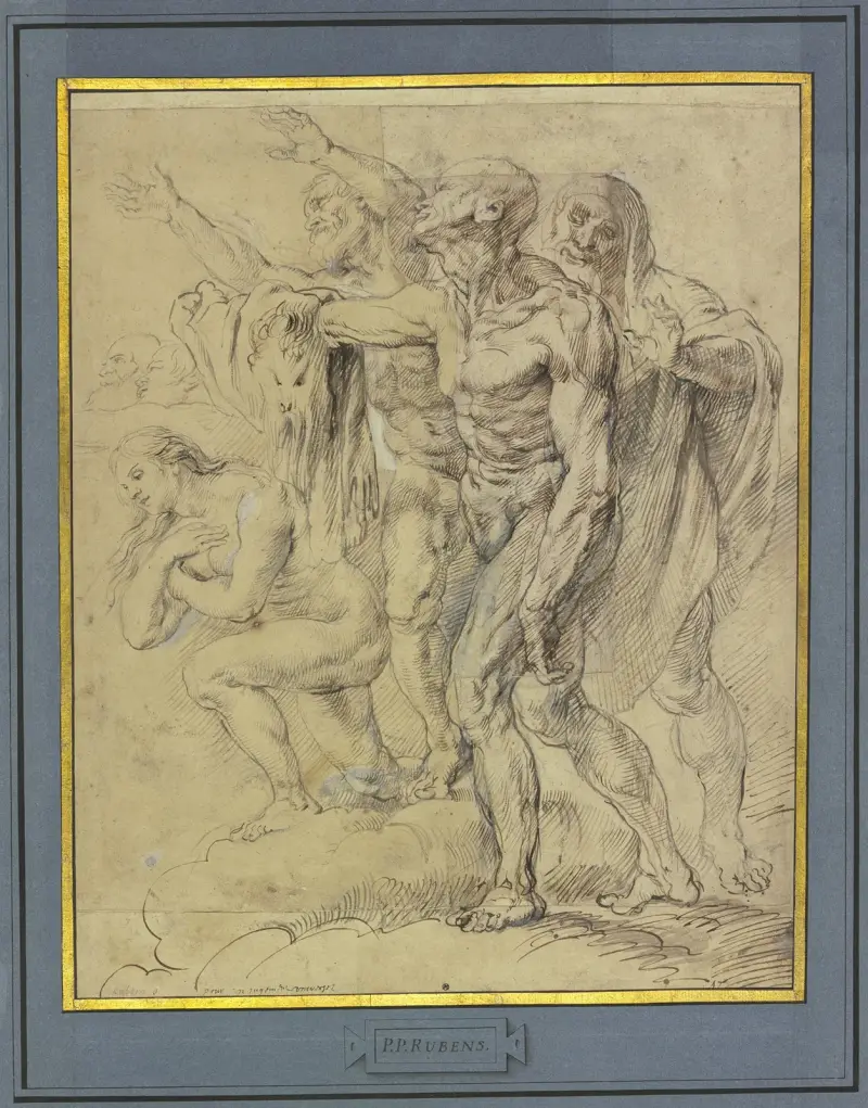Eva, Maria Magdalena, den helige Bartolomaios och ytterligare en figur för en yttersta domen av Peter Paul Rubens