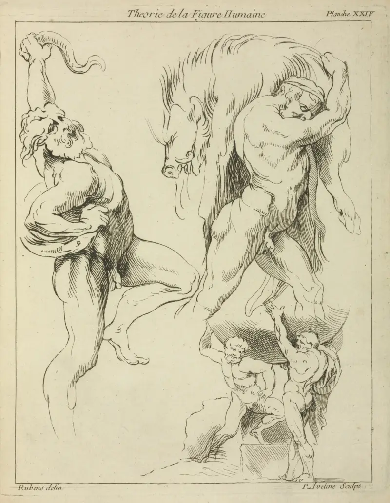 Fyra figurstudier: en som brottas med en orm, en som lyfter ett dött vildsvin och två Atlasfigurer som lyfter ett klot av Peter Paul Rubens