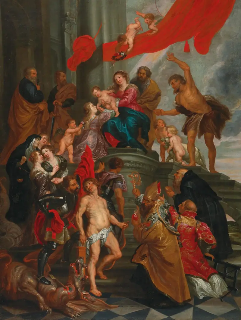 Madonnan med barnet och helgon av Follower of Peter Paul Rubens