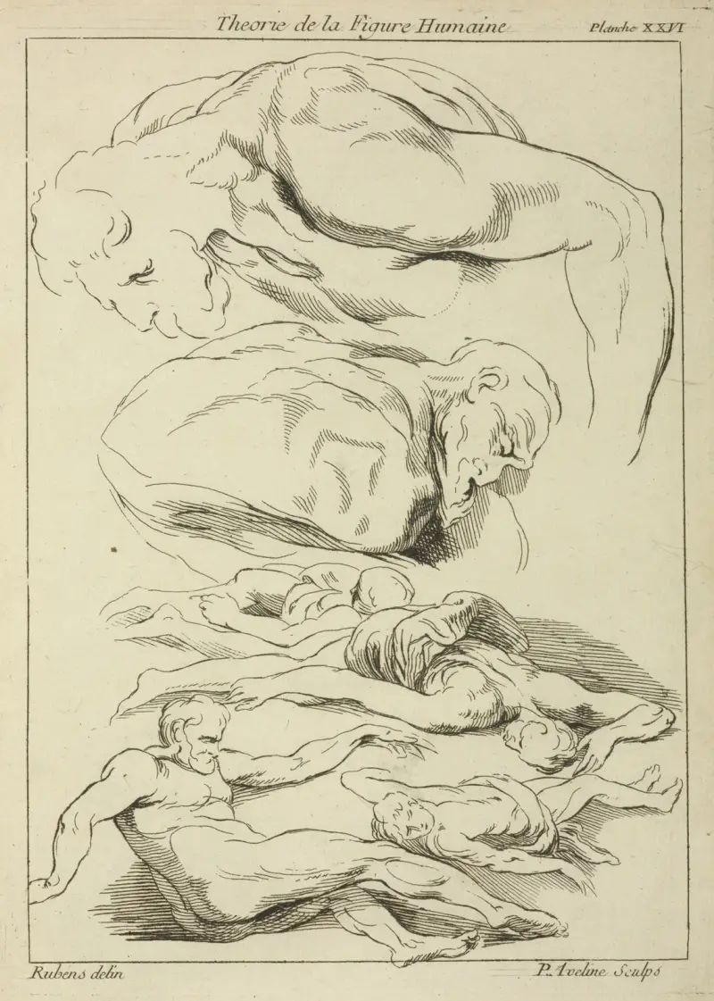 Sex studier av mansfigurer i olika liggande ställningar av Peter Paul Rubens