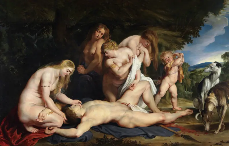 Adonis död (med Venus, Cupido och de tre gracerna) av Peter Paul Rubens