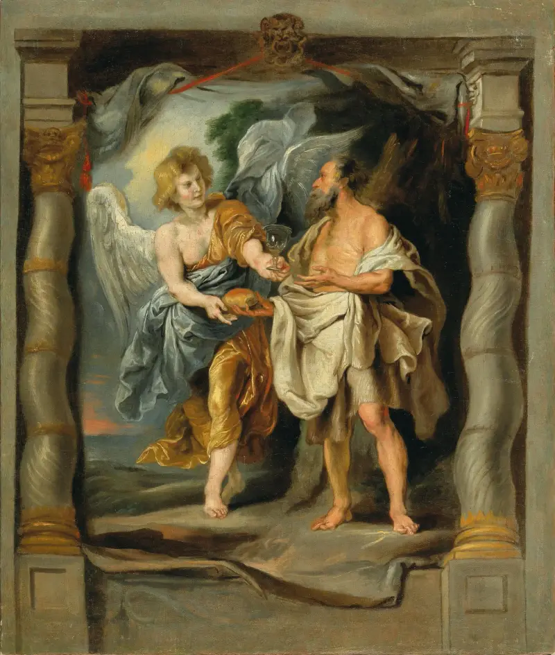 Profeten Elia mättas av ängeln av Follower of Peter Paul Rubens